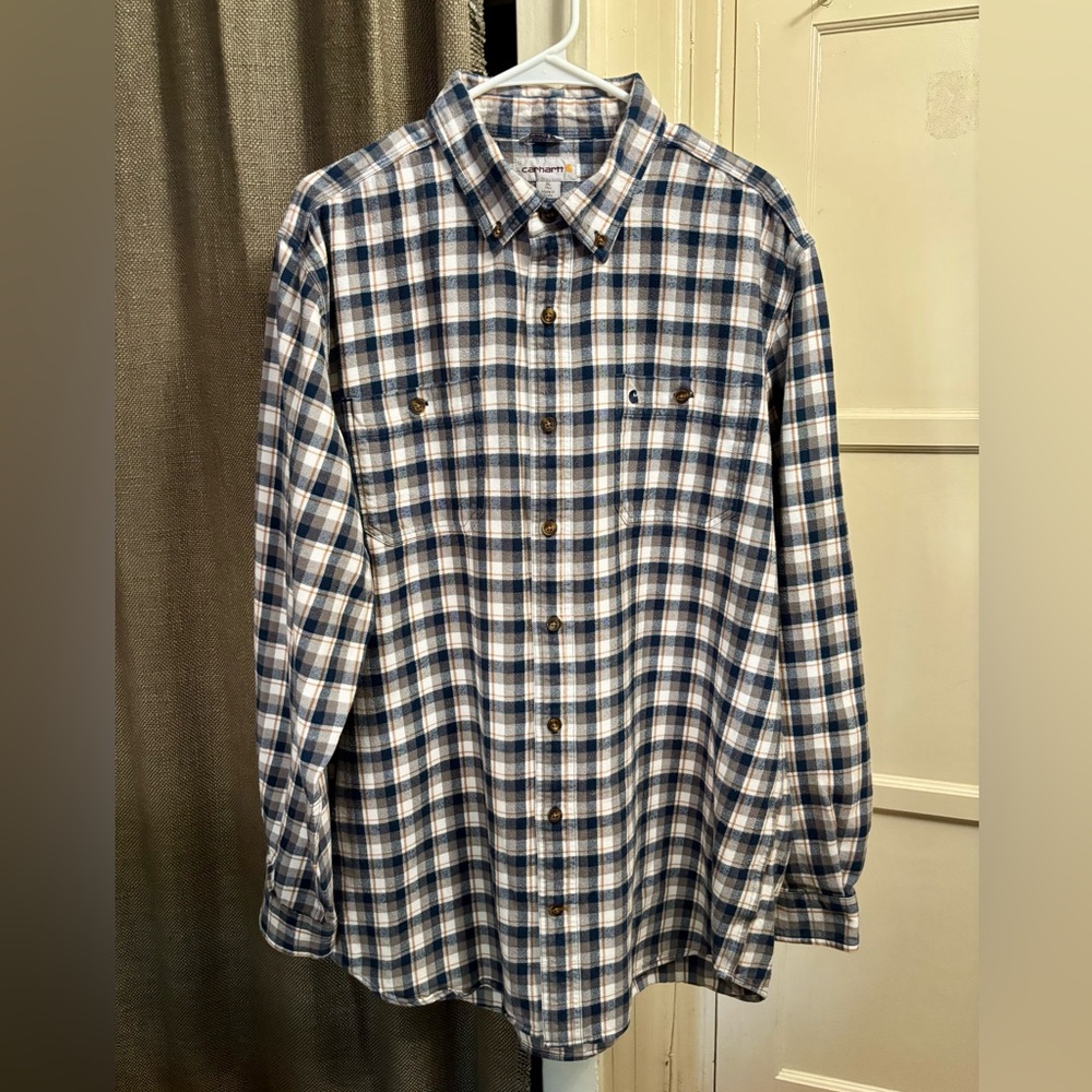 Carhartt Navy and Tan flannel Shirt, very good condition,XL Tall